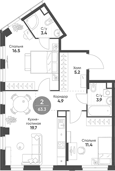 Планировка: Евротрёшка 63,3 м² в ЖК «Соколинн Парк»