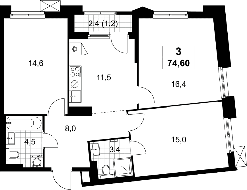 Планировка: 3-комнатная квартира 73,4 м² в ЖК «Деснаречье»