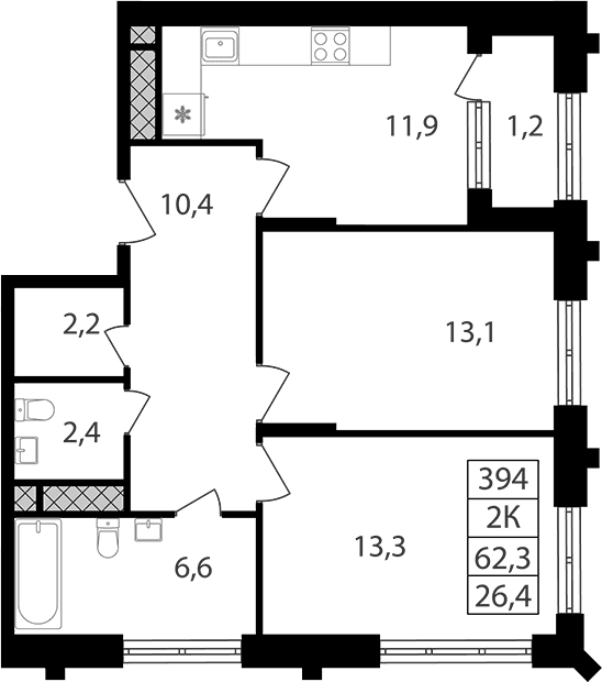Планировка: 2-комнатная квартира 59,9 м² в ЖК «Варшавские ворота»