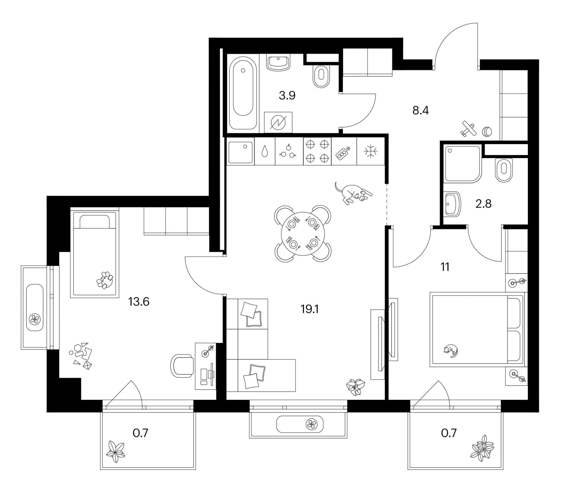 Планировка: 2-комнатная квартира 58,8 м² в ЖК «Зеленый парк»