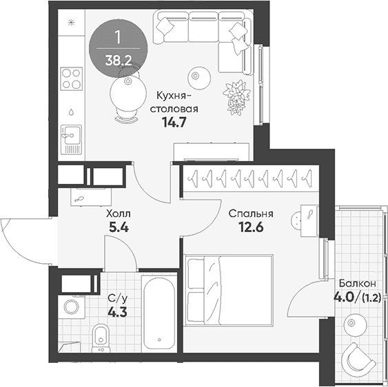 Планировка: 1-комнатная квартира 37 м² в ЖК «Клюква.Парк»
