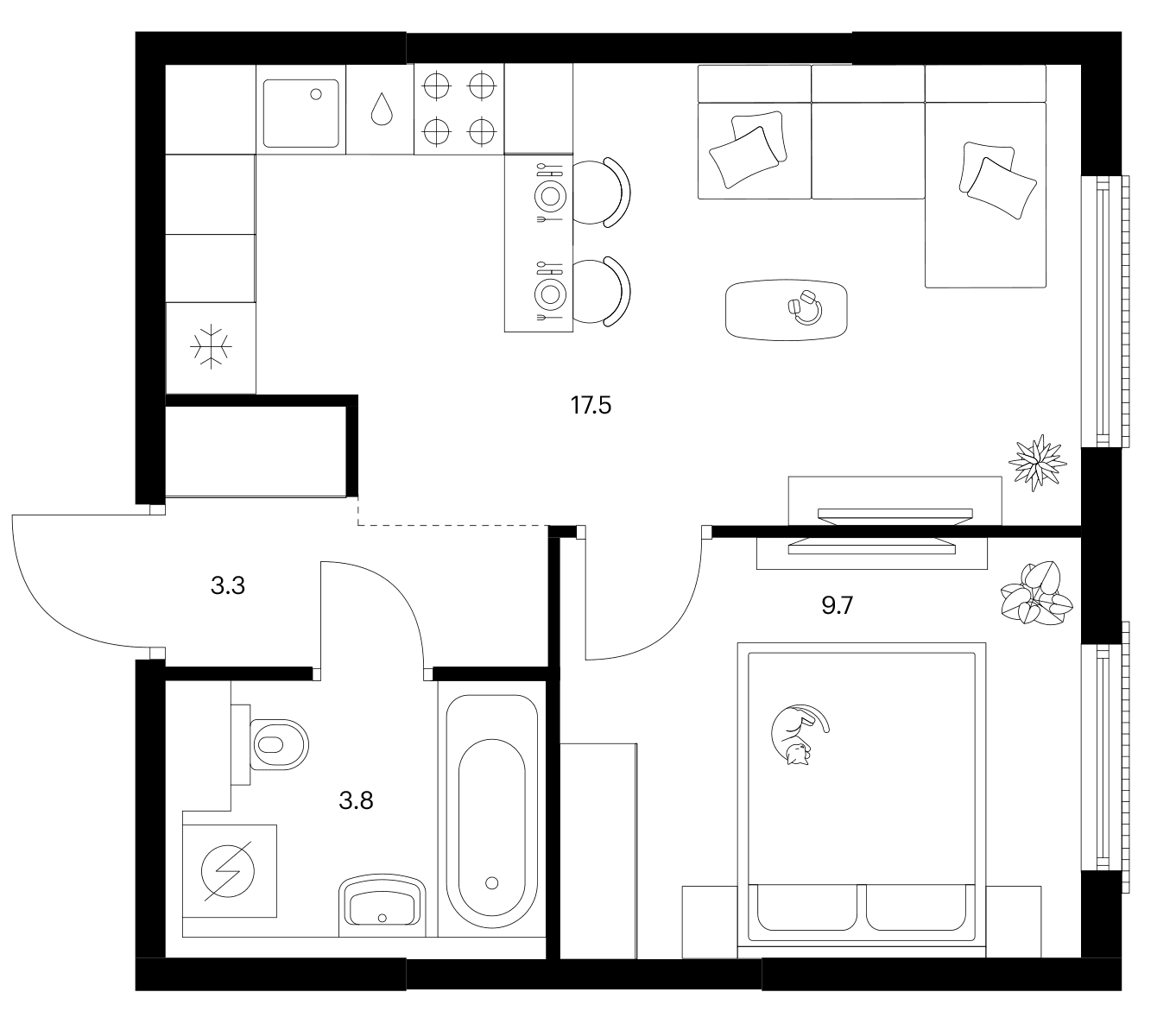 Планировка: 1-комнатная квартира 34,3 м² в ЖК «Москворечье»