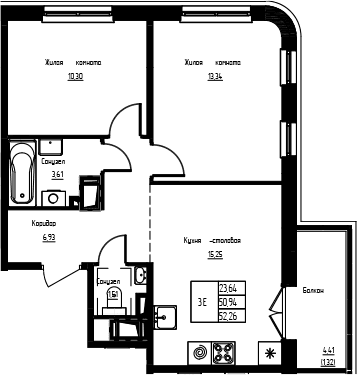 Планировка: Евротрёшка 50,9 м² в ЖК «Кронунг-Янино»