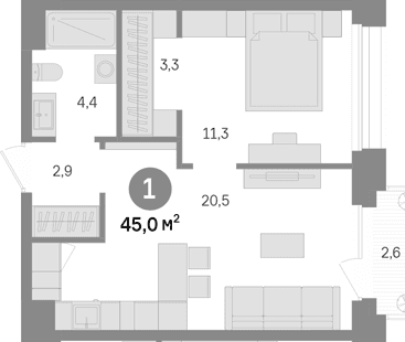 Планировка: 1-комнатная квартира 42,4 м² в ЖК «Квартал Издание»