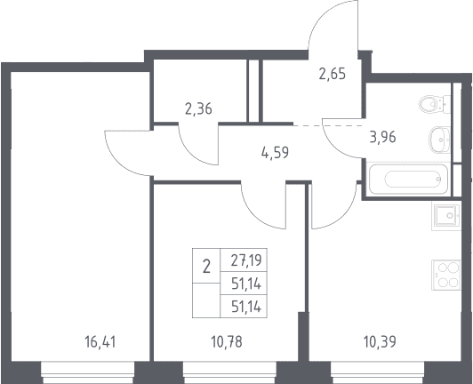 Планировка: 2-комнатная квартира 51,1 м² в ЖК «Богдановский лес»