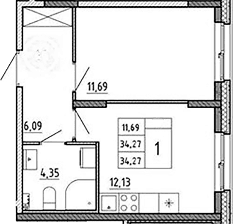Планировка: 1-комнатная квартира 34,3 м² в ЖК «Аннино Сити»