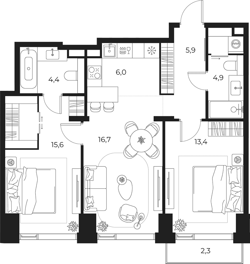 Планировка: Евротрёшка 65,3 м² в ЖК «МАСТЕРС»