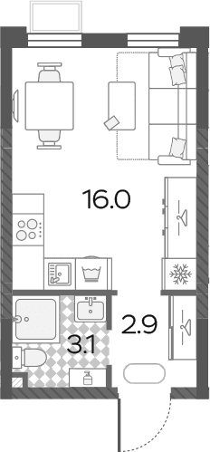 Планировка: Студия 22 м² в ЖК «Лучи»