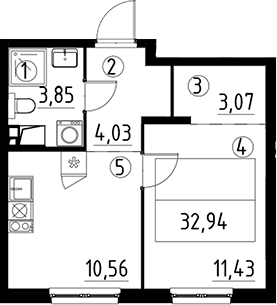 Планировка: 1-комнатная квартира 32,9 м² в ЖК «А101 Лаголово»