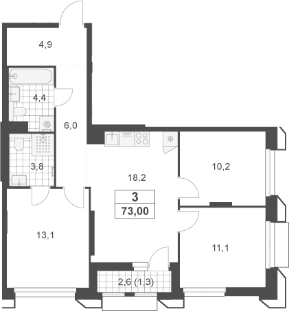 Планировка: Квартира евро-4 71,7 м² в ЖК «Южные сады»