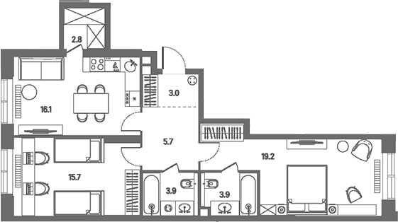 Планировка: Евротрёшка 70,3 м² в ЖК «КОД Сокольники»