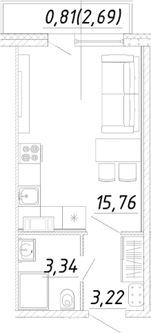 Планировка: Студия 22,3 м² в ЖК «Догма Юкки»