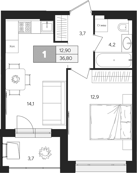 Планировка: 1-комнатная квартира 35 м² в ЖК «Ласточкино»