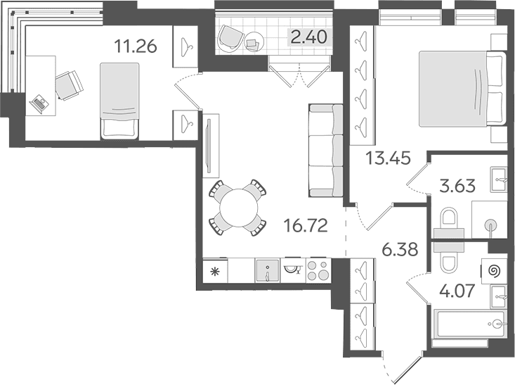 Планировка: Евротрёшка 55,5 м² в ЖК «СТАВНИ Обводный»