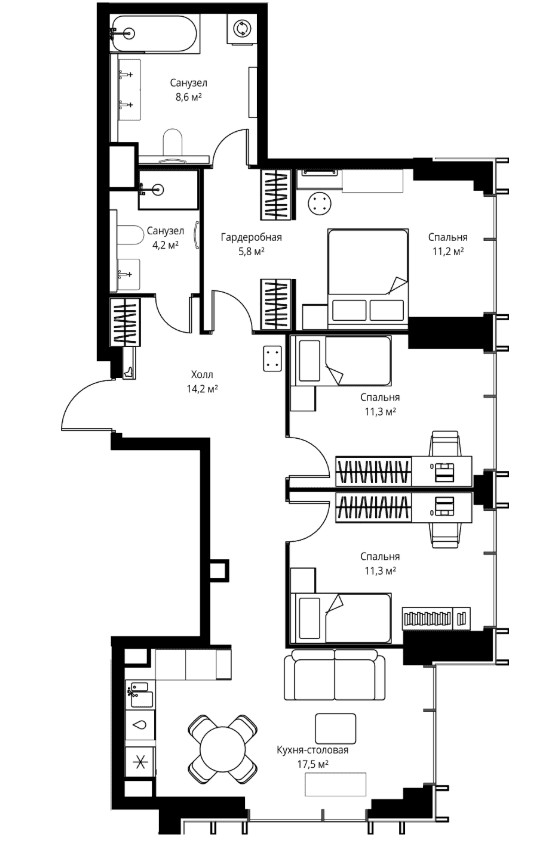 Планировка: Квартира евро-4 84,1 м² в ЖК «Веер»