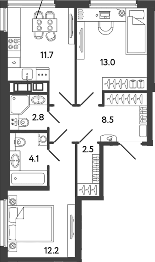 Планировка: 2-комнатная квартира 54,8 м² в ЖК «Гений»