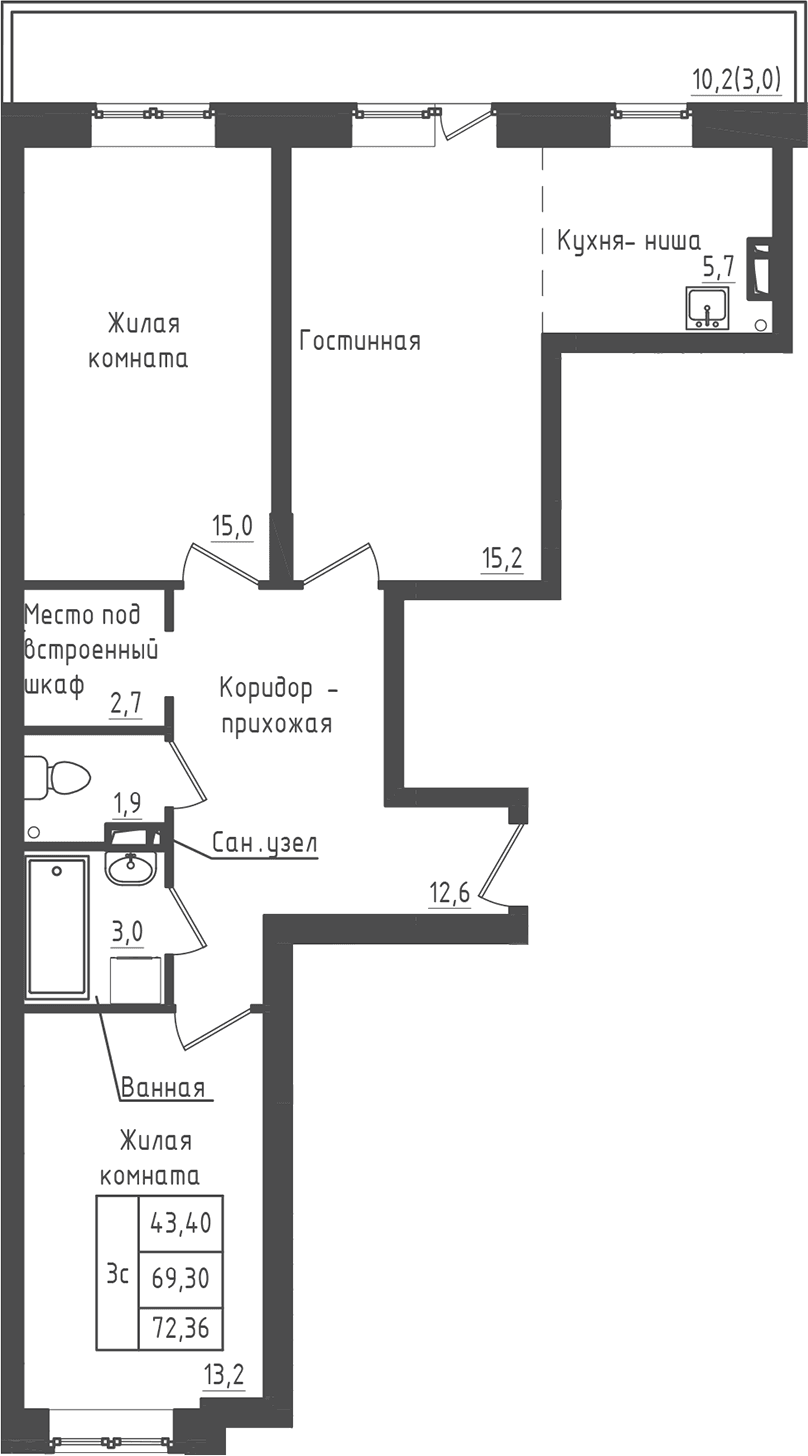 Планировка: 2-комнатная квартира 69,3 м² в ЖК «Зеленый город»