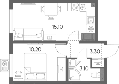 Планировка: Евродвушка 31,7 м² в ЖК «Ручьи 2»