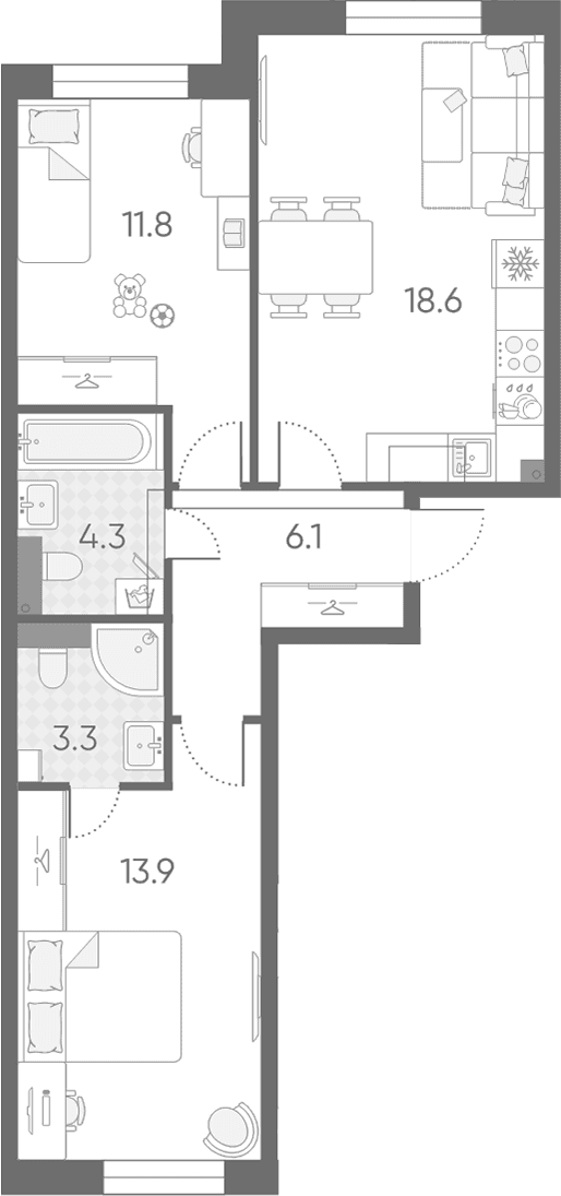 Планировка: Евротрёшка 58 м² в ЖК «Большая Охта»