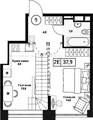 Планировка: Евродвушка 37,9 м² в ЖК «Пушкино Град»