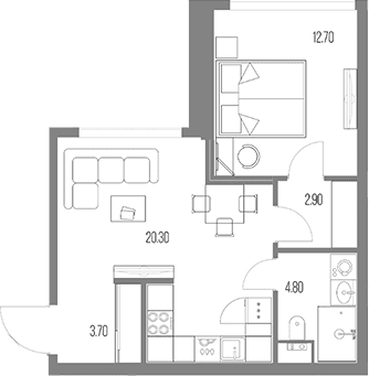 Планировка: 1-комнатная квартира 44,4 м² в ЖК «Северный Порт»