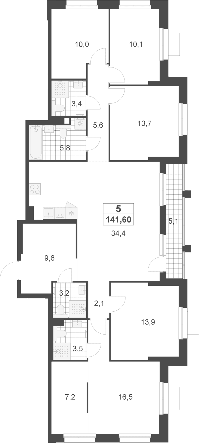 Планировка: 5-комнатная квартира 139 м² в ЖК «Деснаречье»