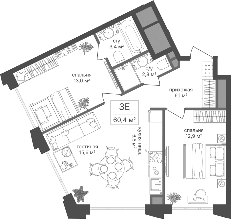 Планировка: Евротрёшка 60,4 м² в ЖК «Михалковский»