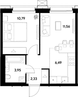 Планировка: Евродвушка 35,1 м² в ЖК «ЭВО»