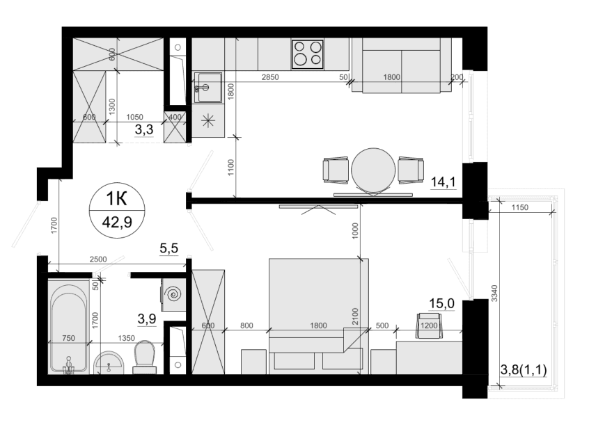Планировка: 1-комнатная квартира 41,8 м² в ЖК «Одинцовские Кварталы Эволюция»