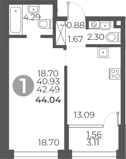 Планировка: 1-комнатная квартира 40,9 м² в ЖК «Мневники от Гранель»