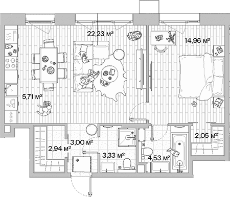 Планировка: Евродвушка 58,8 м² в ЖК «МЫС»