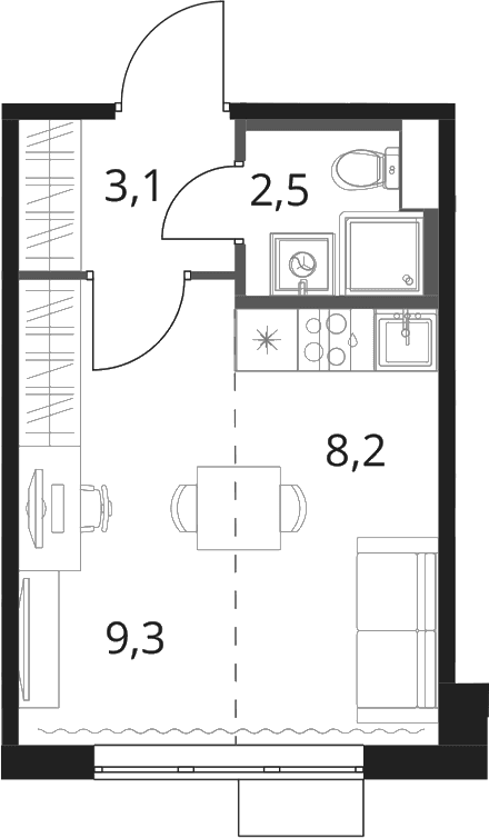 Планировка: Студия 23,1 м² в ЖК «1-й Шереметьевский»