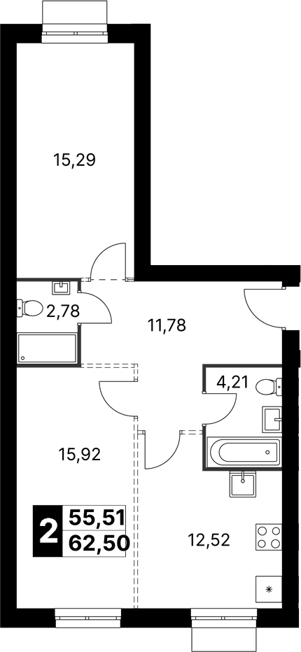 Планировка: 2-комнатная квартира 62,5 м² в ЖК «Апрелевка Клаб»