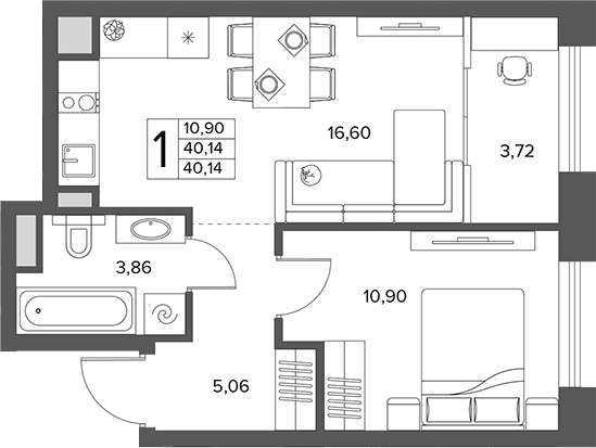 Планировка: Евродвушка 36,4 м² в ЖК «Городской бор»