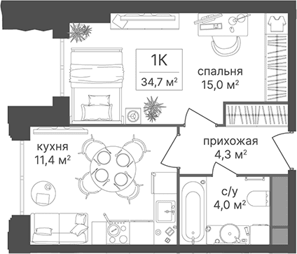 1-комнатная квартира