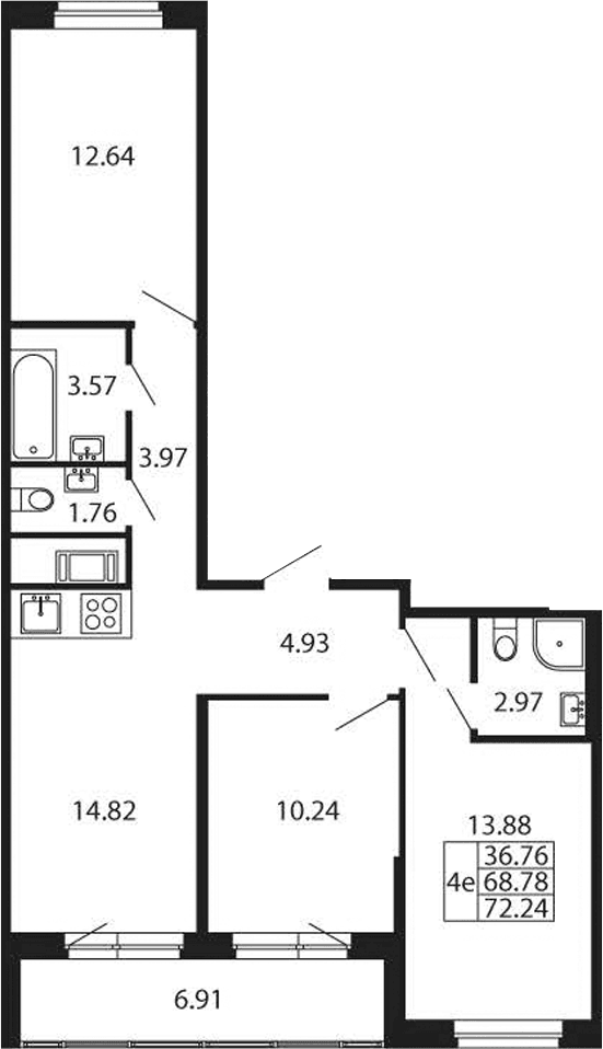 Планировка: Квартира евро-4 68,8 м² в ЖК «Полис Новоселье»