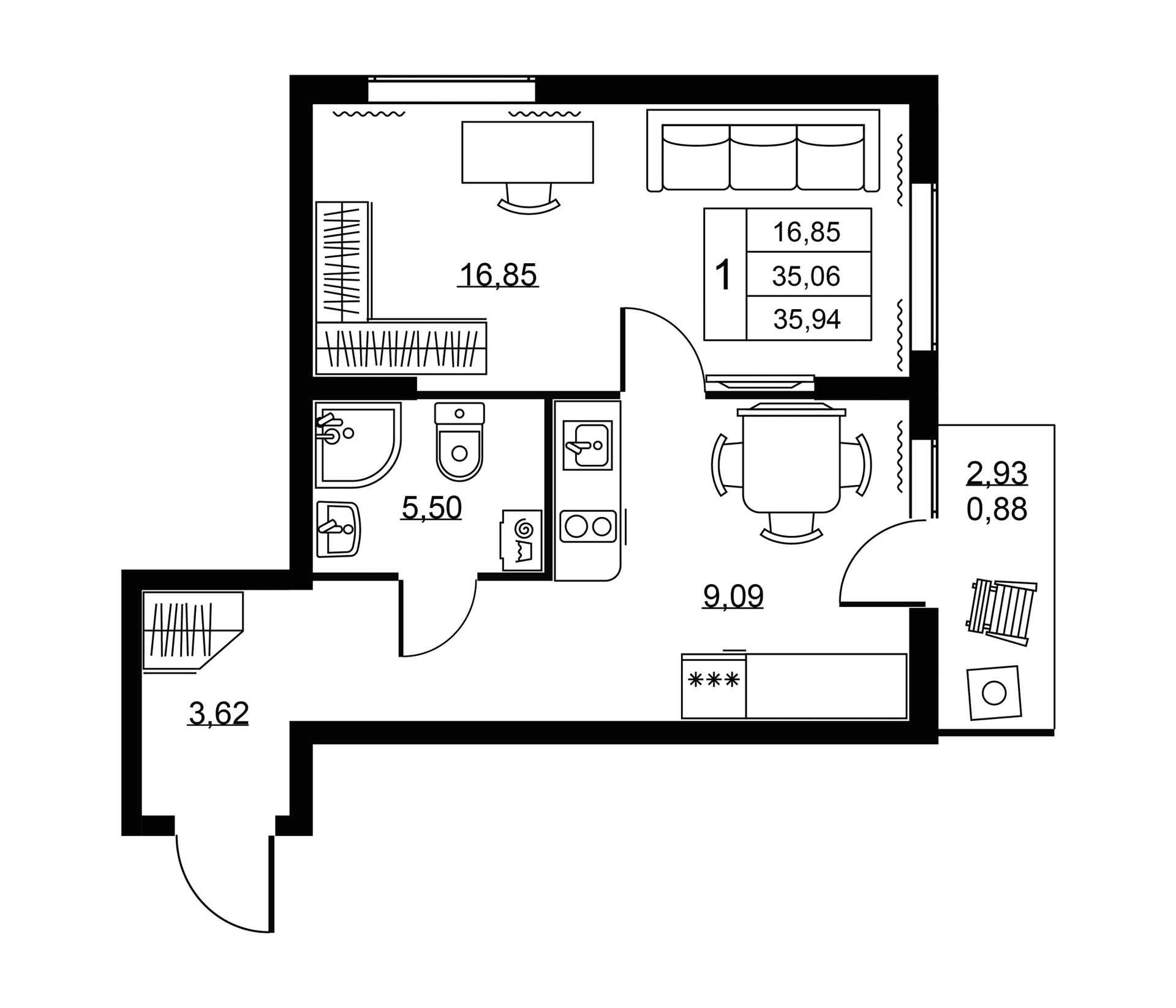 Планировка: 1-комнатная квартира 35,1 м² в ЖК «Пулковское, 34»