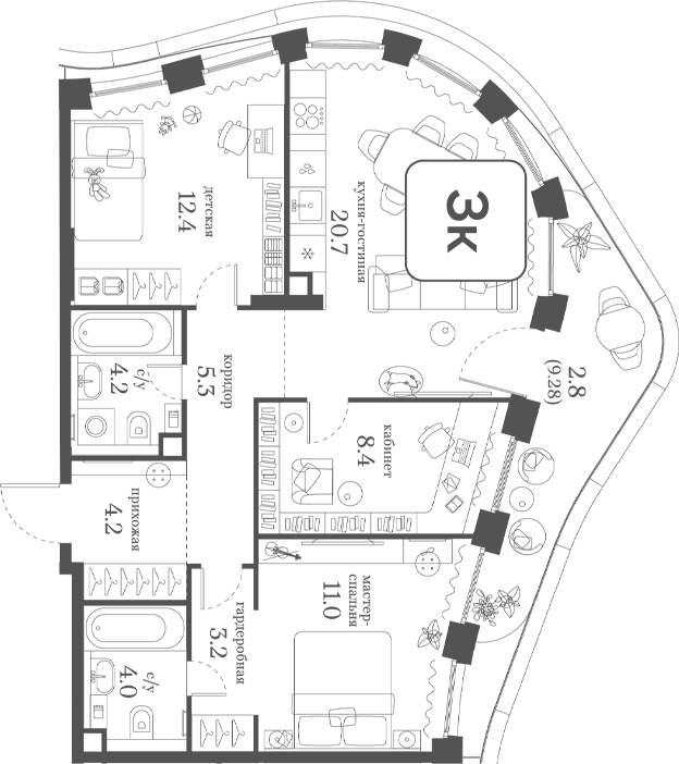 3-комнатная квартира