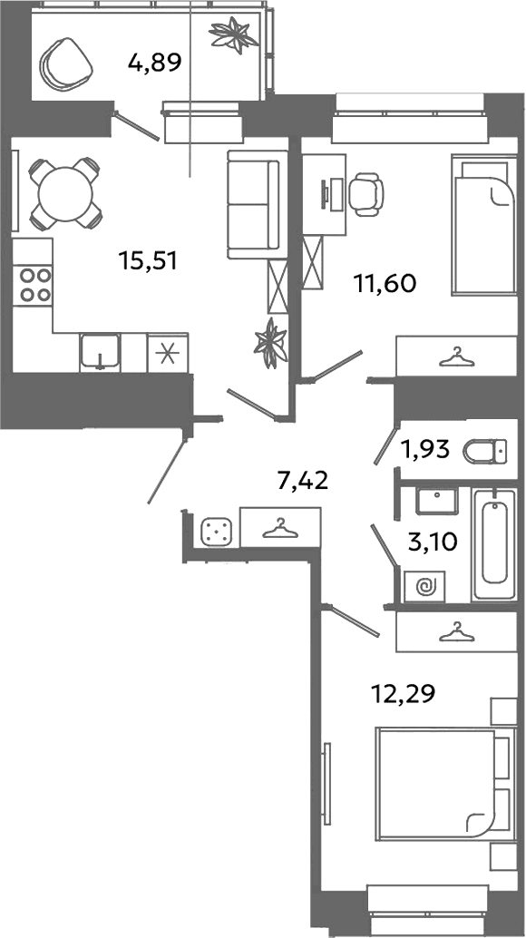 Планировка: Евротрёшка 51,9 м² в ЖК «Загляденье»