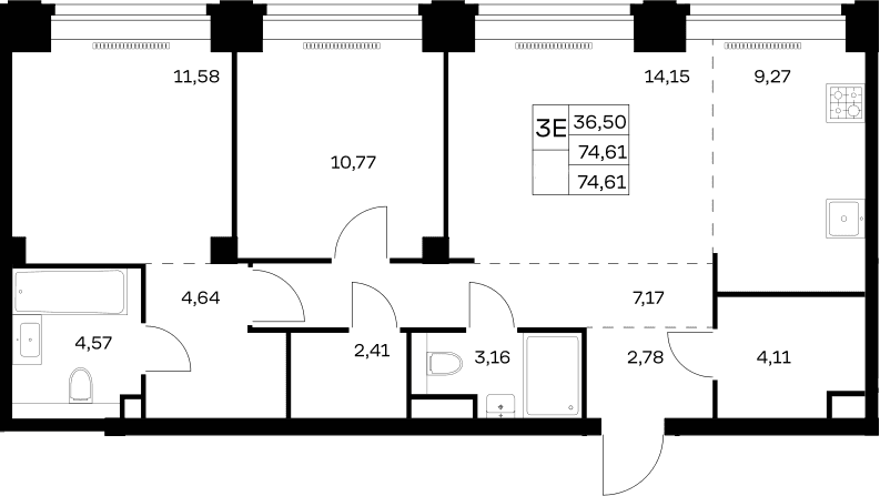 Планировка: Евротрёшка 74,6 м² в ЖК «НОВА»