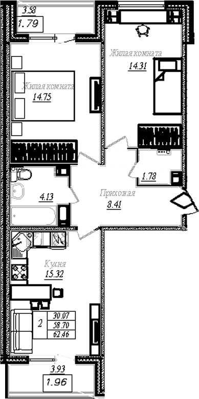 Планировка: 2-комнатная квартира 58,7 м² в ЖК «АРО»
