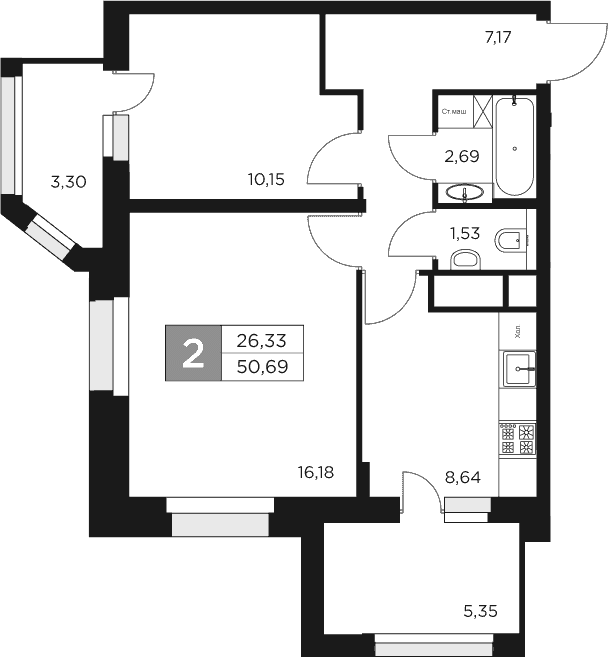 Планировка: 2-комнатная квартира 46,4 м² в ЖК «Восток 2»