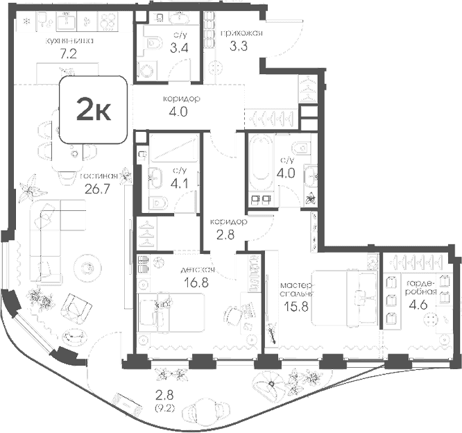 Планировка: 2-комнатная квартира 92,7 м² в ЖК «Муза»