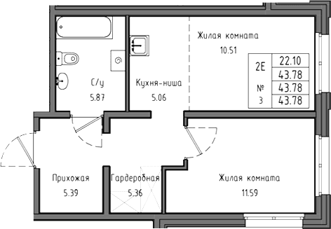 Планировка: Евродвушка 43,8 м² в ЖК «Тишин»