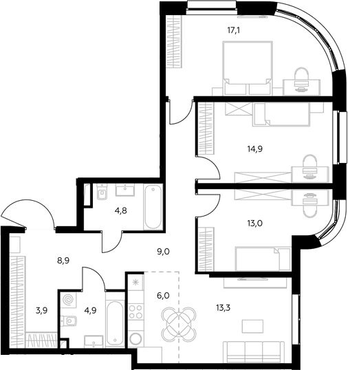 Планировка: Квартира евро-4 96,8 м² в ЖК «Адмирал»