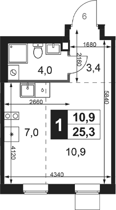 Планировка: Студия 25,3 м² в ЖК «1-й Ясеневский»