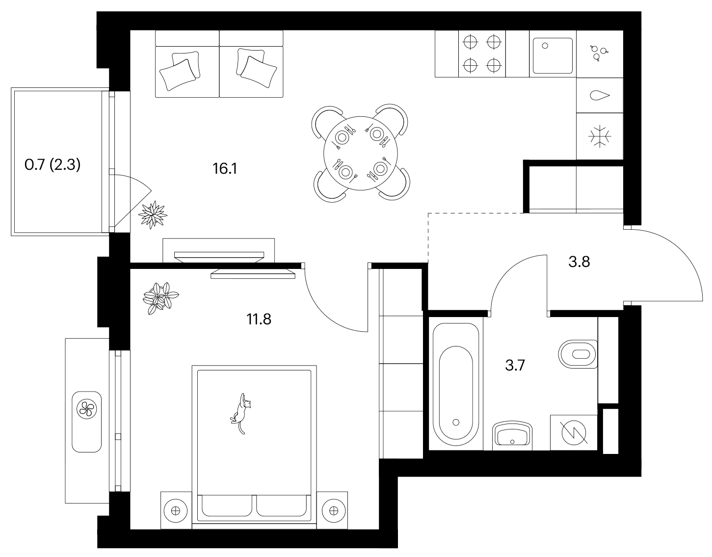 Планировка: 1-комнатная квартира 35,4 м² в ЖК «Белая Дача парк»