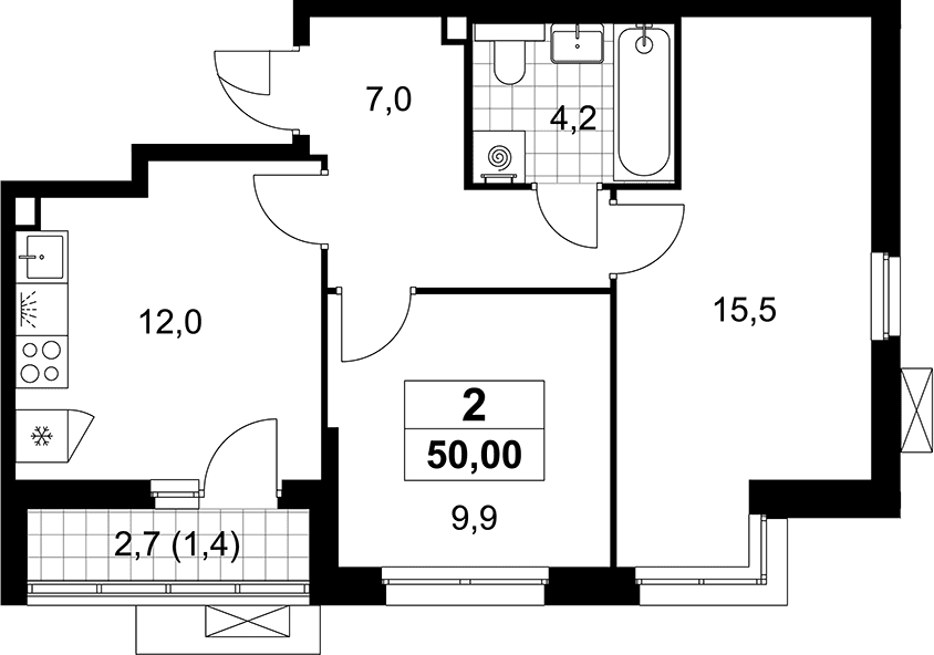 Планировка: 2-комнатная квартира 48,6 м² в ЖК «Деснаречье»