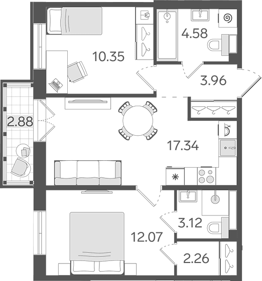 Планировка: Евротрёшка 53,7 м² в ЖК «СТАВНИ Обводный»