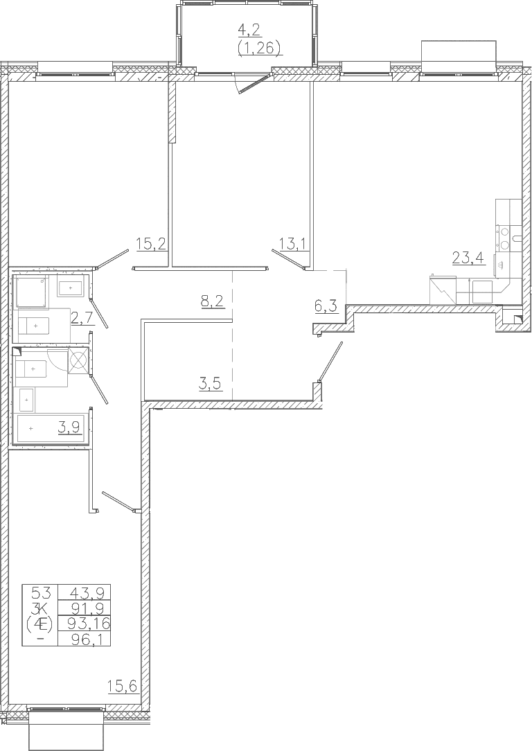 Планировка: Квартира евро-4 91,9 м² в ЖК «Лисино»